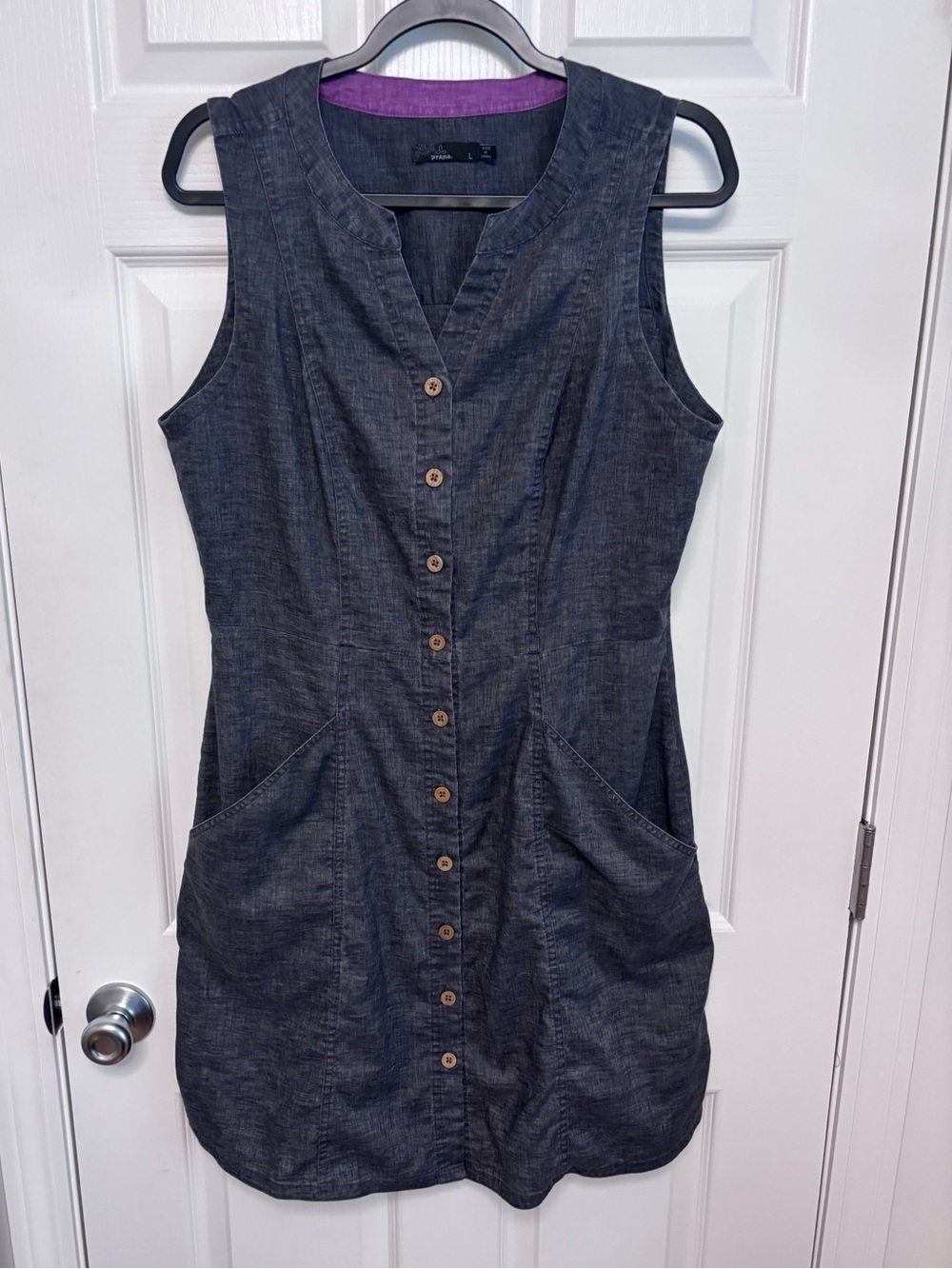 Prana Dark Blue Sleeveless Button-Front Chambray Dress